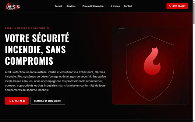 Aperçu de la page d'accueil du site ALSI, protection incendie à Rouen